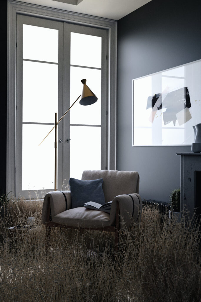 An interior scene overrun by nature